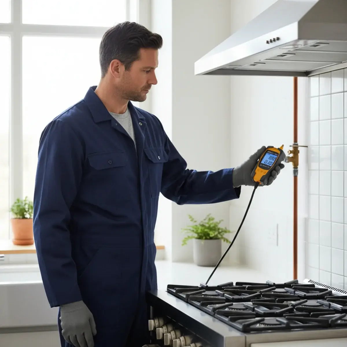 Gas stove burner with a blue flame in a home kitchen
