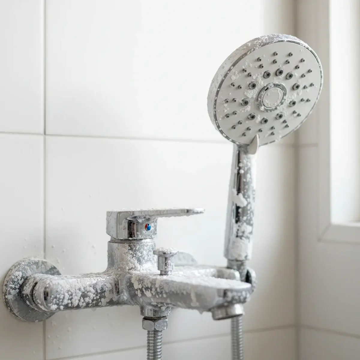 Mineral scale buildup on a faucet and fixture from hard water
