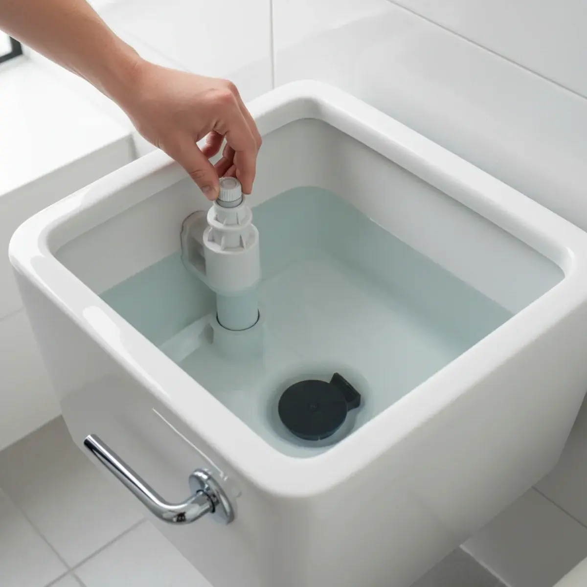 Open toilet tank showing the flapper, float, and fill valve