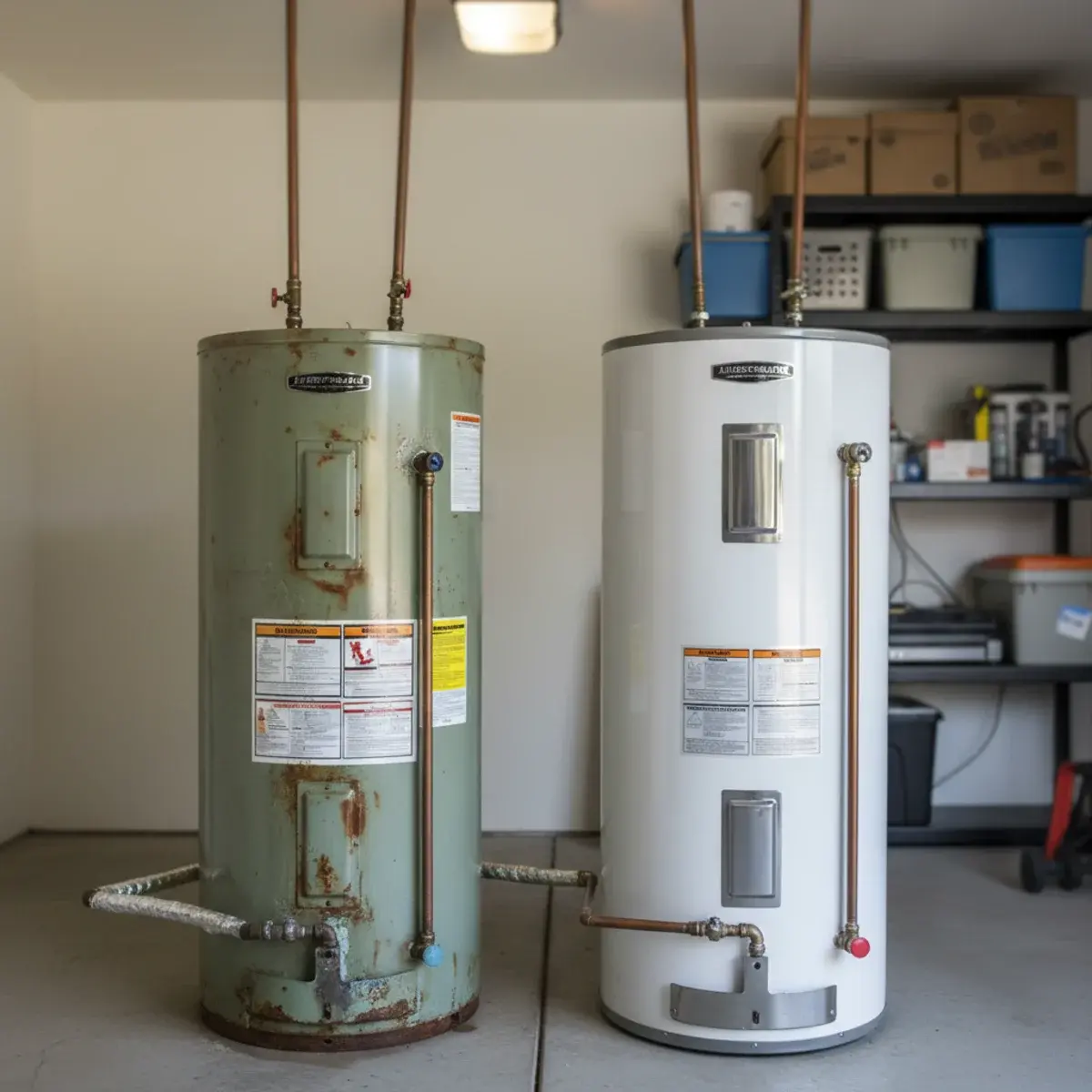 Older residential water heater in a garage utility area