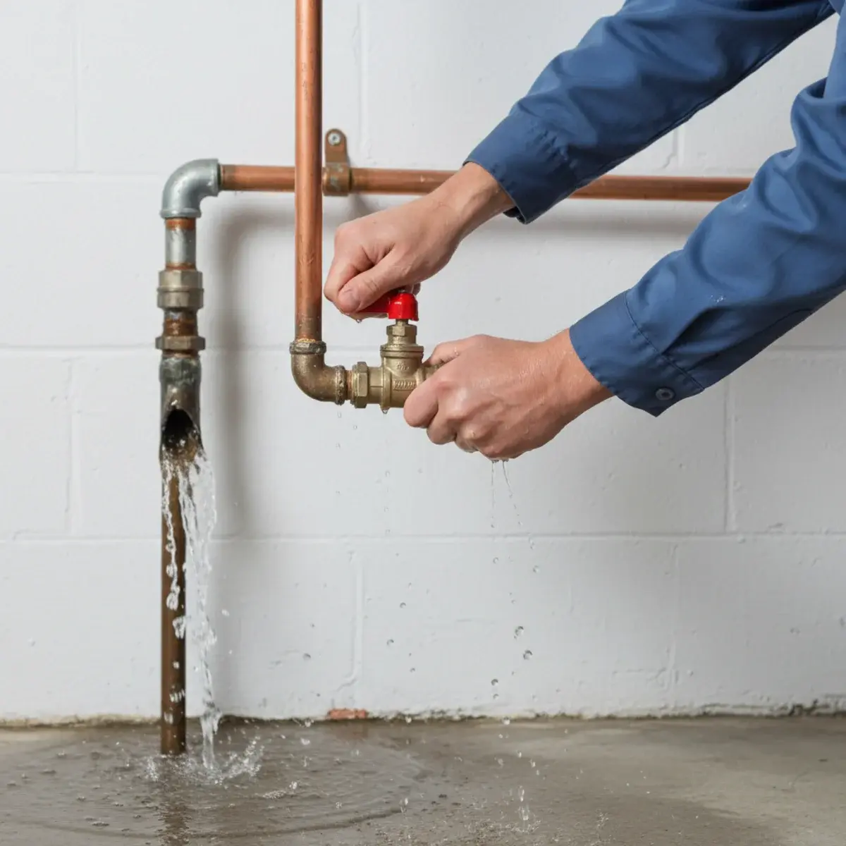 Person shutting off a main water valve to stop a burst pipe