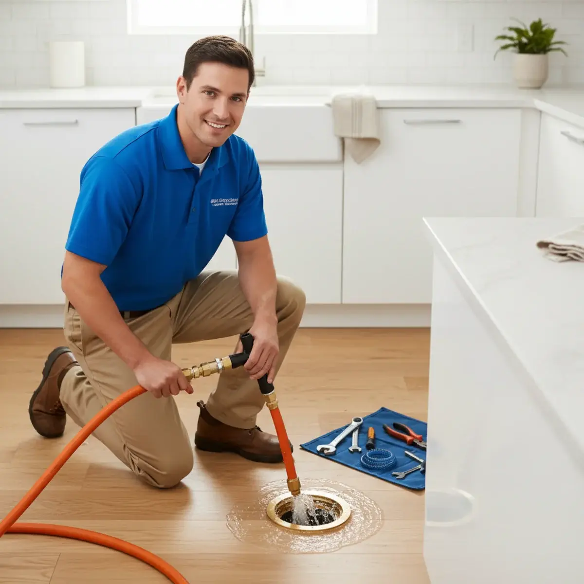Local plumber working under a sink in a San Bernardino, California home