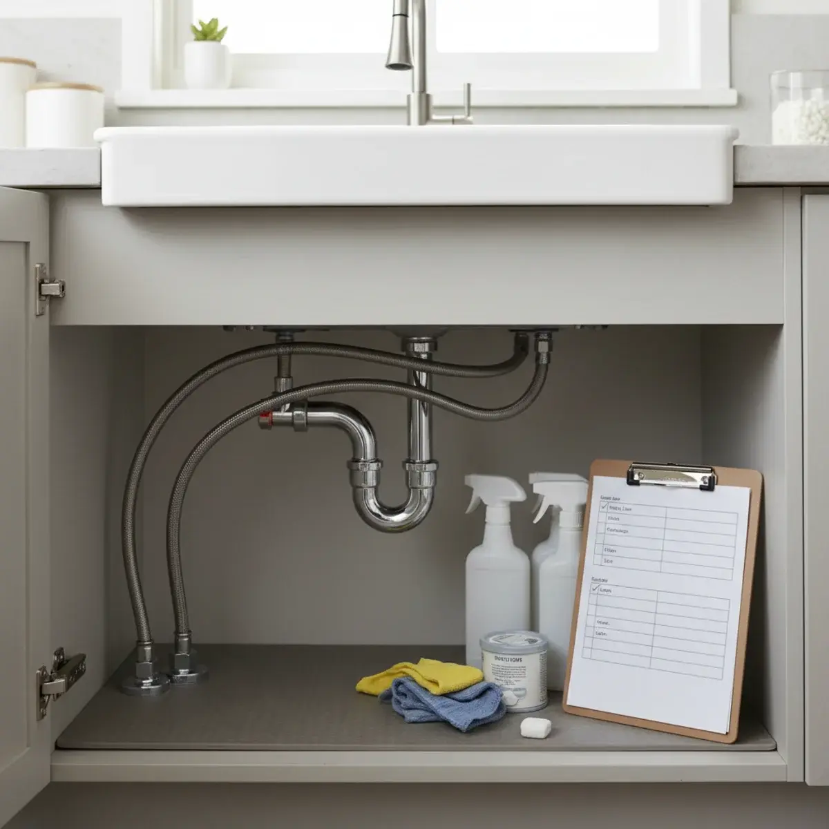Clean modern kitchen sink with faucet and connected plumbing below