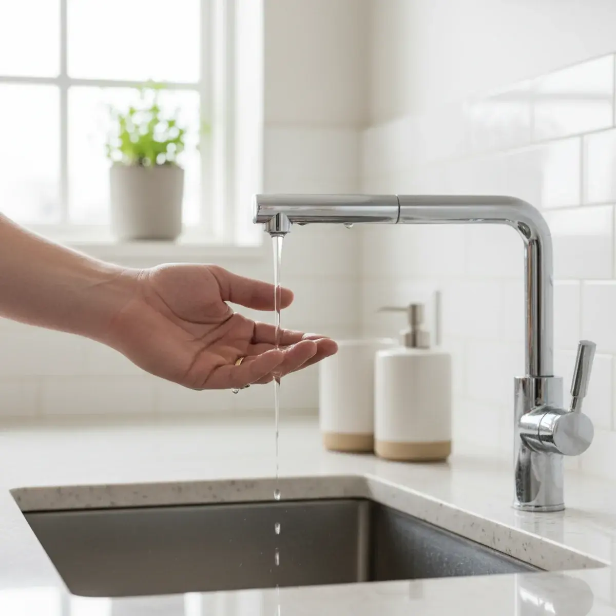 Weak stream of water coming from a bathroom faucet