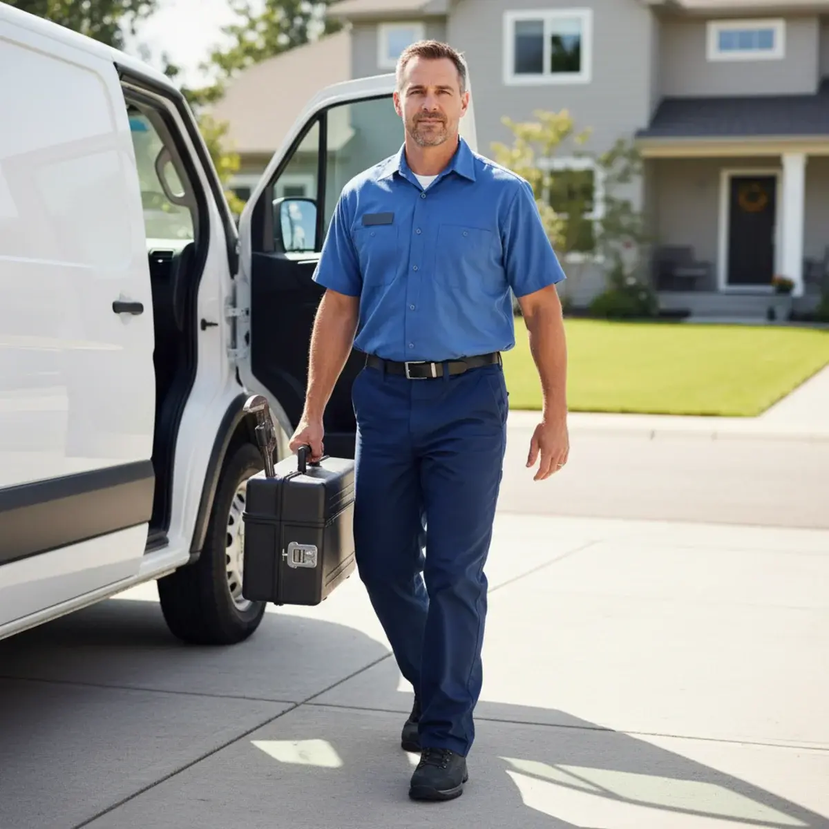 Plumber arriving at a home with a tool bag for a same-day service call