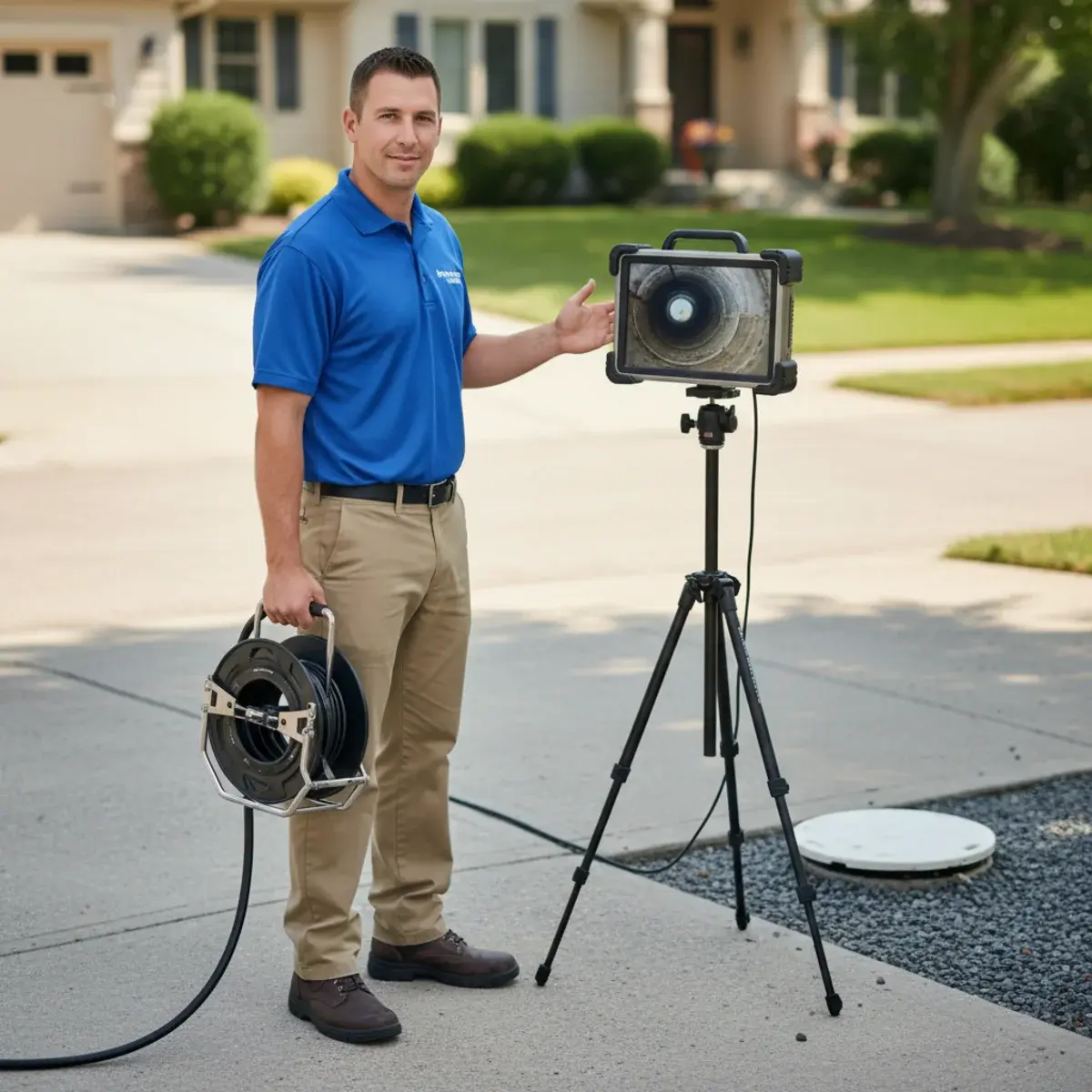 Plumber feeding a sewer inspection camera into a cleanout