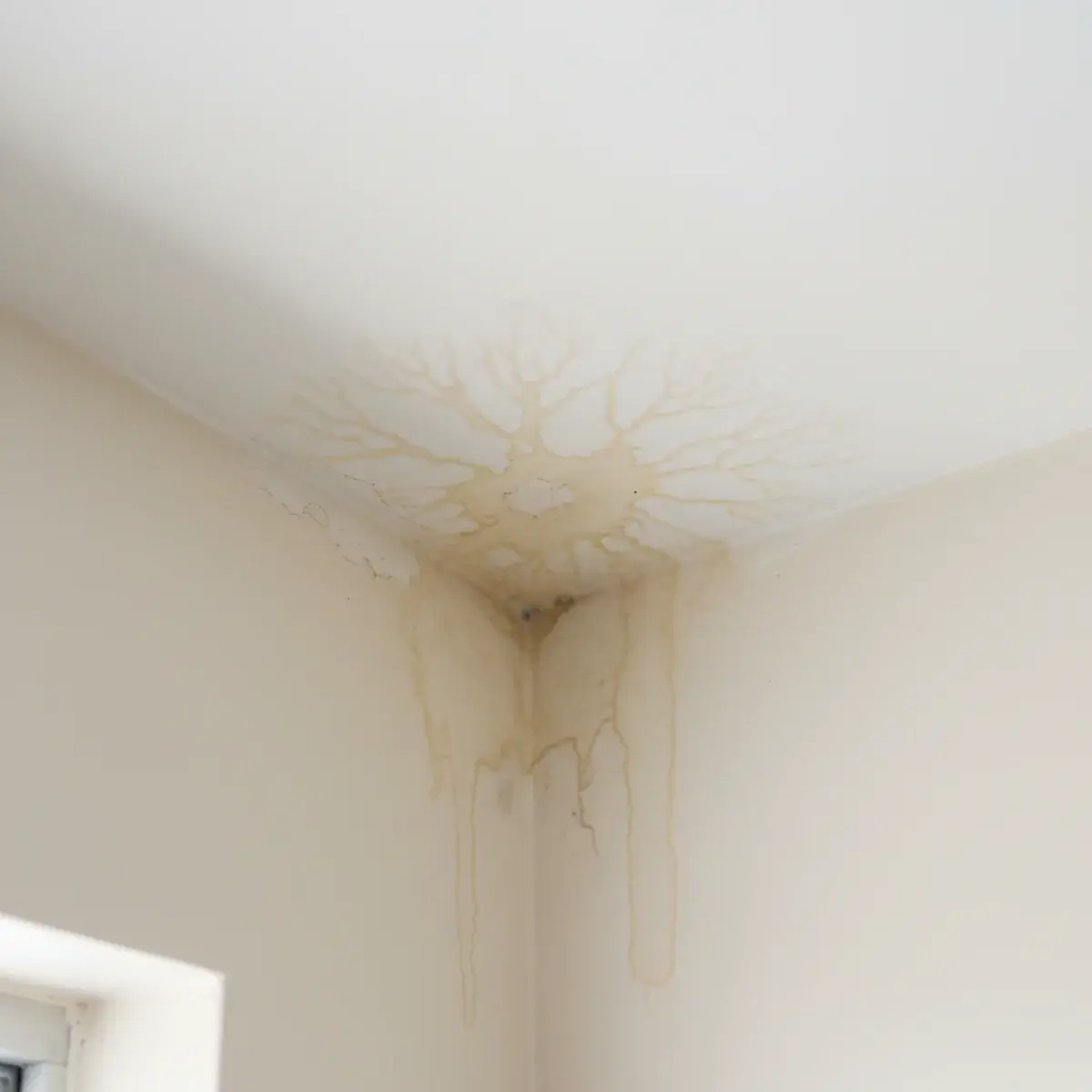 Water stain spreading across a ceiling indicating a hidden leak