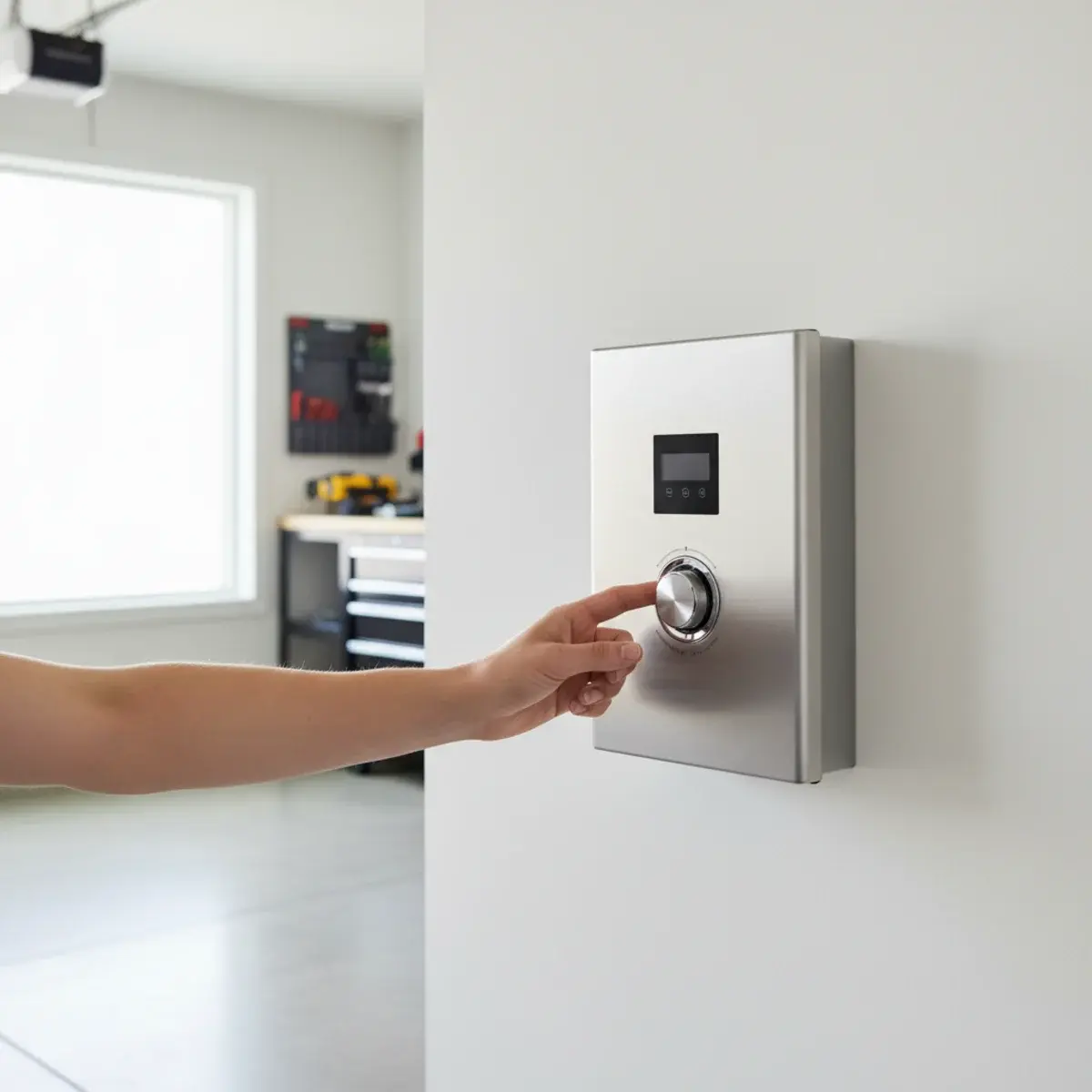 Wall-mounted tankless water heater installed in a utility room