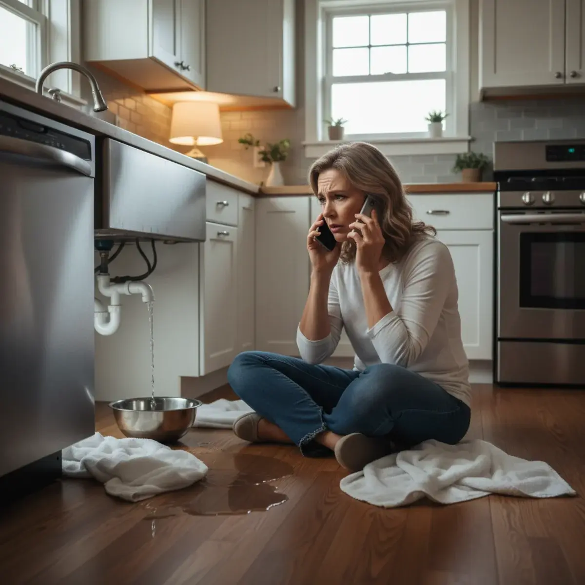 Water spreading across a kitchen floor from a burst pipe at night